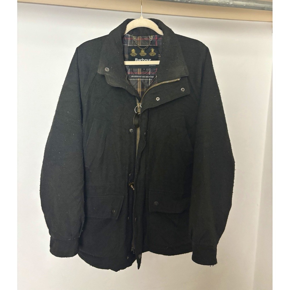 Barbour Waterproof & Breathable Wool Parka Jacket Mens Small Black Tartan Lined
